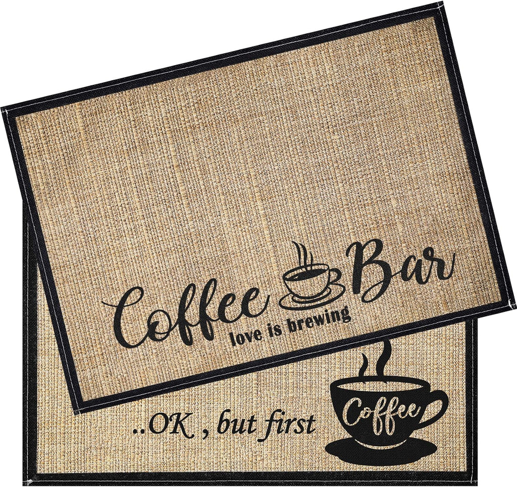 2 Pieces Coffee Bar Mat,Coffee Bar Accessories 20 X 14 Inch Coffee Bar Decoration Coffee Placemats for Coffee Machine, Coffee Bar, Countertops,Coffee Station Accessories(First Coffee)