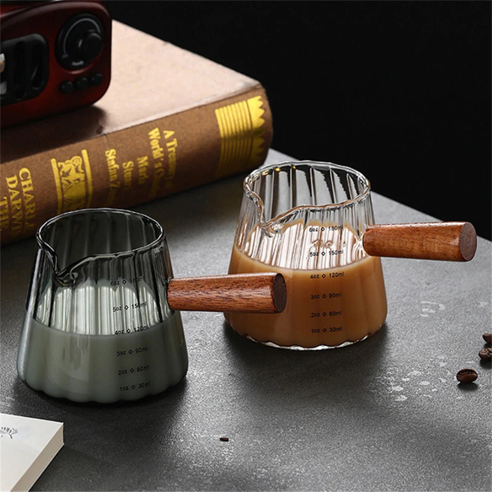 1/2Pcs Coffee Cup with Wood Handle 180Ml Clear Scale Espresso Shot Glass with V-Shaped Mouth Single Milk Frother Measuring Cup