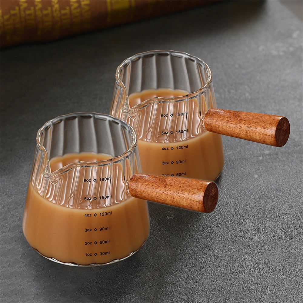 1/2Pcs Coffee Cup with Wood Handle 180Ml Clear Scale Espresso Shot Glass with V-Shaped Mouth Single Milk Frother Measuring Cup