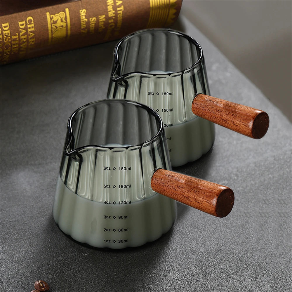1/2Pcs Coffee Cup with Wood Handle 180Ml Clear Scale Espresso Shot Glass with V-Shaped Mouth Single Milk Frother Measuring Cup