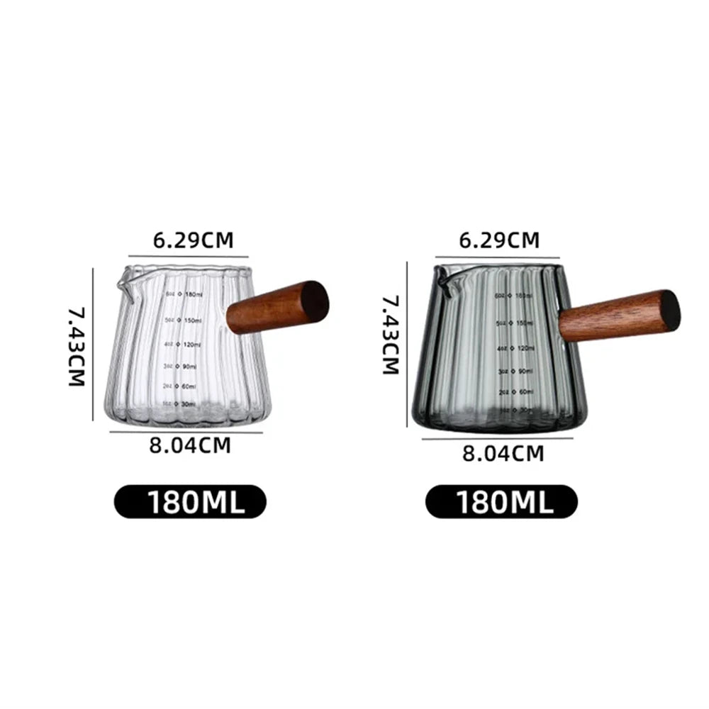 1/2Pcs Coffee Cup with Wood Handle 180Ml Clear Scale Espresso Shot Glass with V-Shaped Mouth Single Milk Frother Measuring Cup