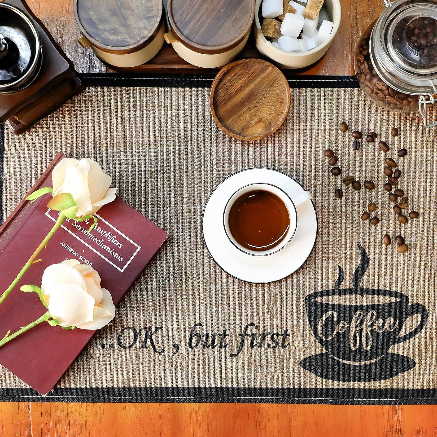 2 Pieces Coffee Bar Mat,Coffee Bar Accessories 20 X 14 Inch Coffee Bar Decoration Coffee Placemats for Coffee Machine, Coffee Bar, Countertops,Coffee Station Accessories(First Coffee)