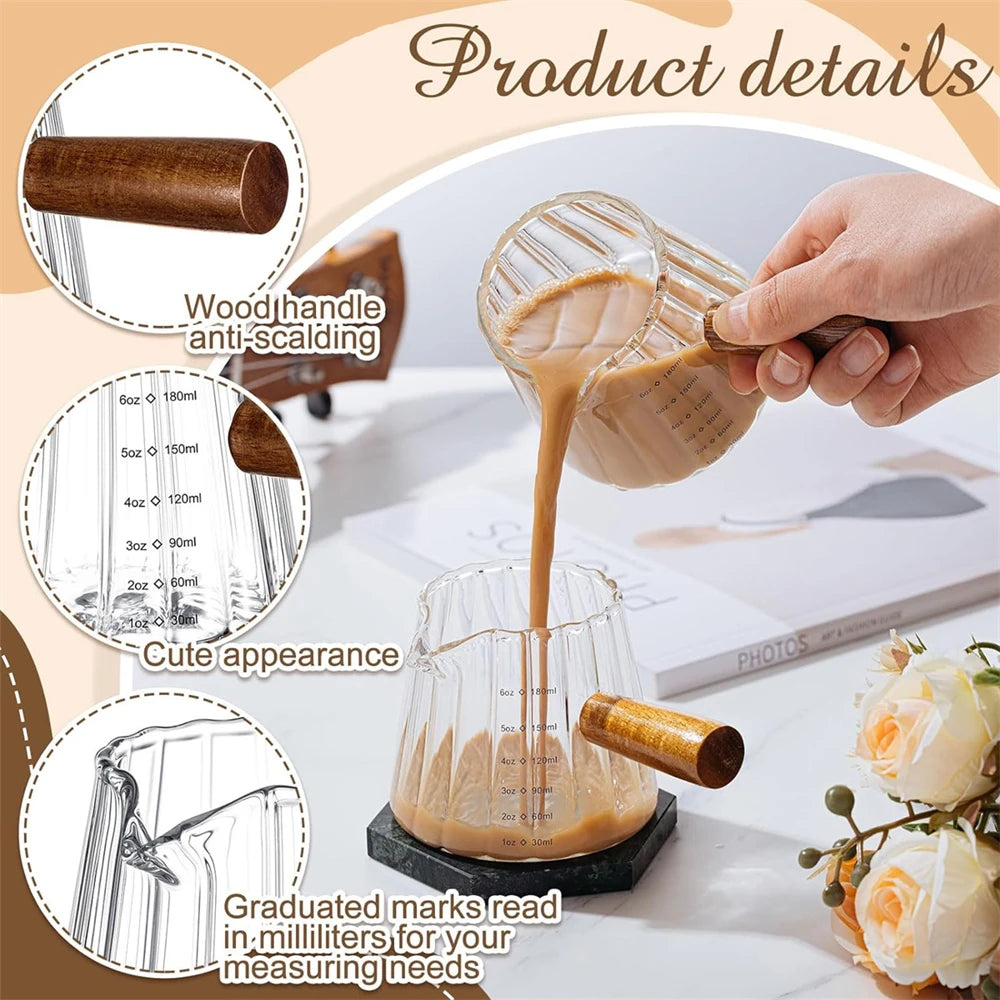 1/2Pcs Coffee Cup with Wood Handle 180Ml Clear Scale Espresso Shot Glass with V-Shaped Mouth Single Milk Frother Measuring Cup