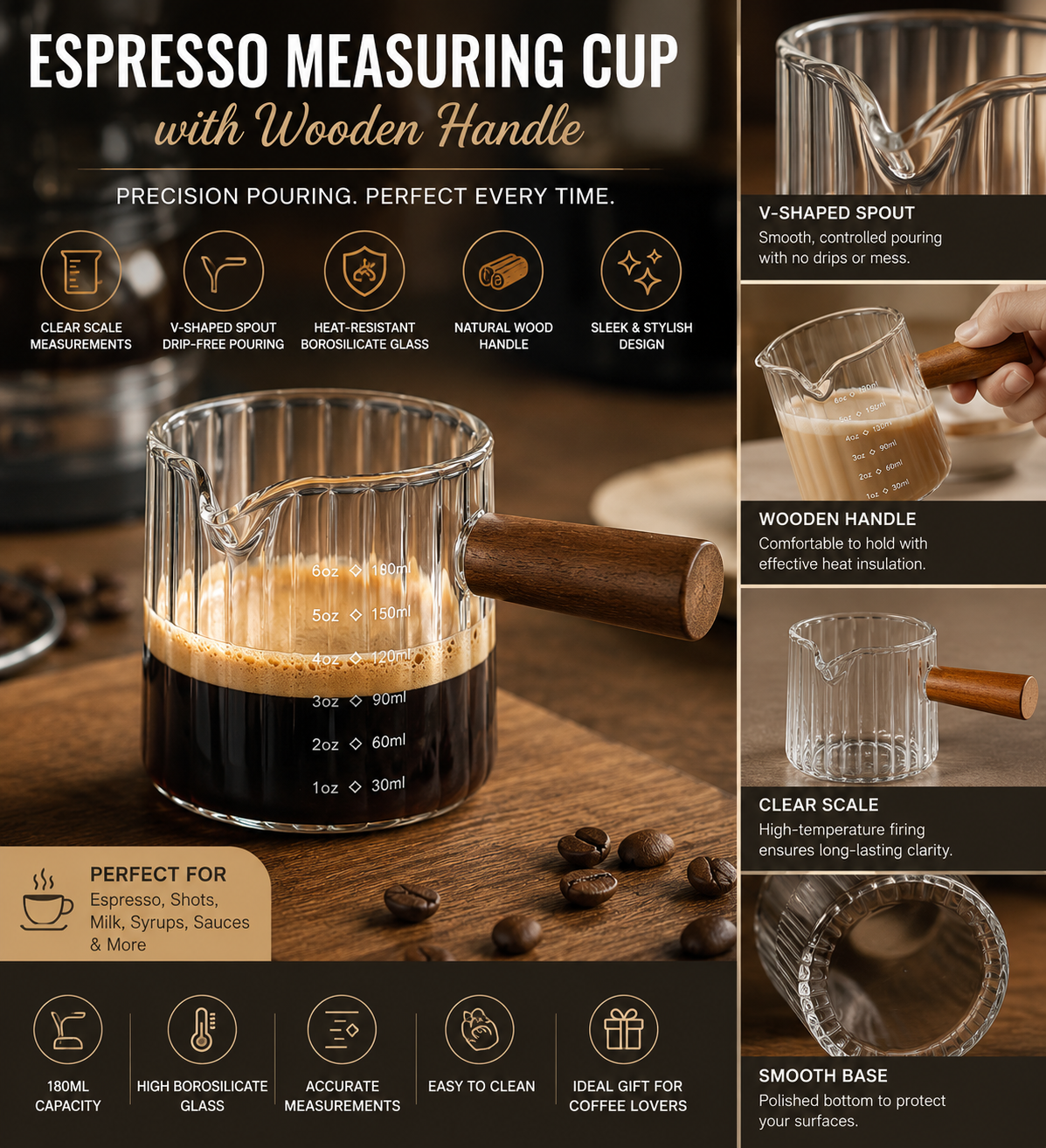 Espresso Measuring Cup with Wooden Handle