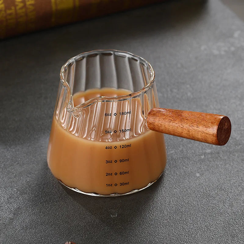 1/2Pcs Coffee Cup with Wood Handle 180Ml Clear Scale Espresso Shot Glass with V-Shaped Mouth Single Milk Frother Measuring Cup