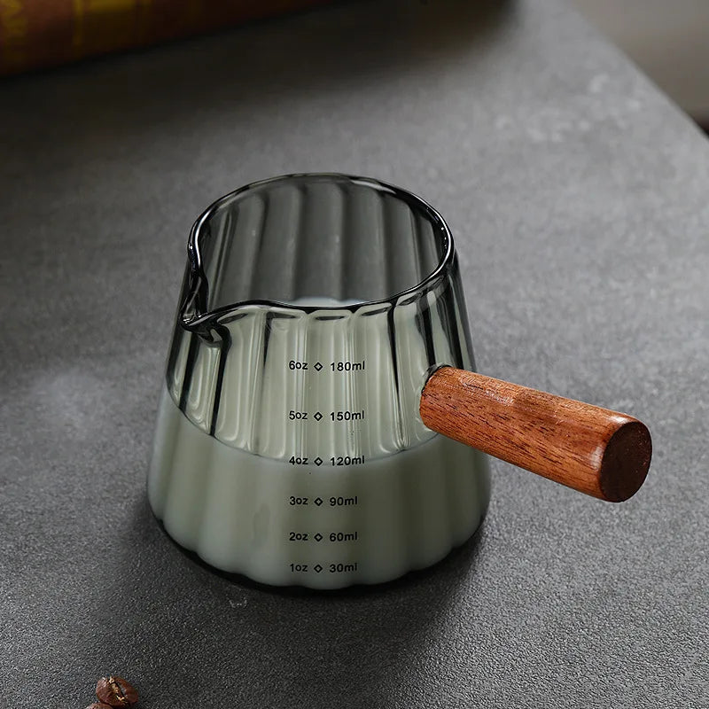 1/2Pcs Coffee Cup with Wood Handle 180Ml Clear Scale Espresso Shot Glass with V-Shaped Mouth Single Milk Frother Measuring Cup