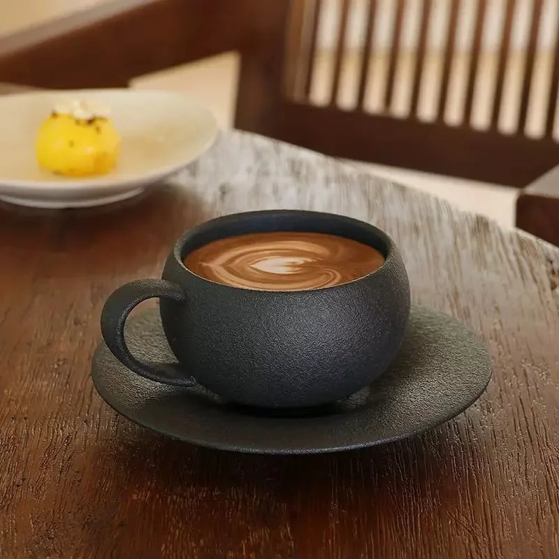 110/280Ml Japanese-Style Ceramic Mug Black White Fired Stone Coffee Cup and Saucer Set Breakfast Milk Coffee Cup Egg-Shaped Mug